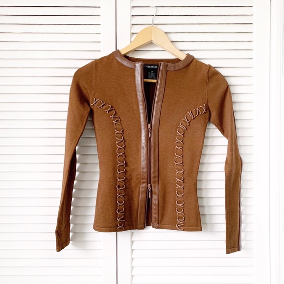 Vermani Tops - Vermani Lace Up Fitted Zip Up Jacket in Camel